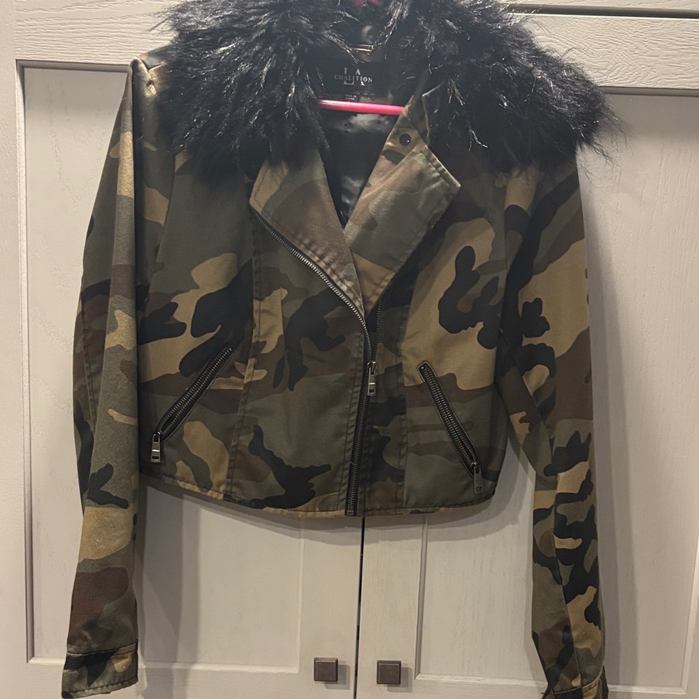C. Luce Camouflage Utility Jacket with Black Faux Fur